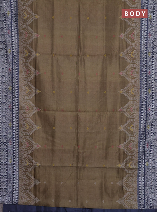 Semi sambalpuri silk saree olive green and navy blue with allover ikat buttas and thread woven border