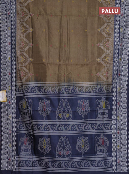 Semi sambalpuri silk saree olive green and navy blue with allover ikat buttas and thread woven border