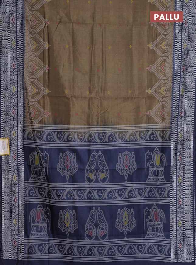 Semi sambalpuri silk saree olive green and navy blue with allover ikat buttas and thread woven border