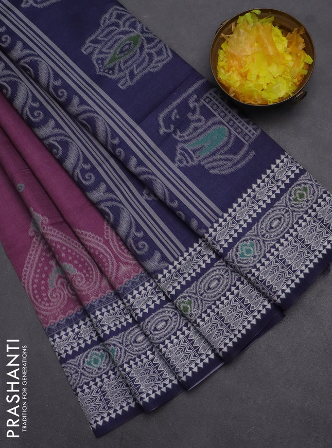 Semi sambalpuri silk saree wine shade and navy blue with allover ikat buttas and thread woven border