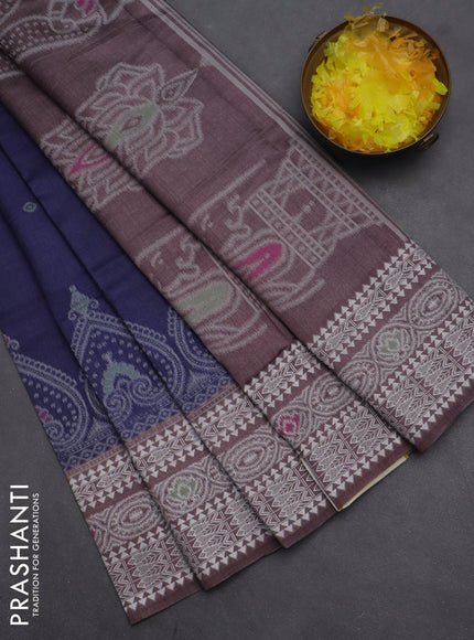 Semi sambalpuri silk saree dark blue and pastel brown with allover ikat buttas and thread woven border