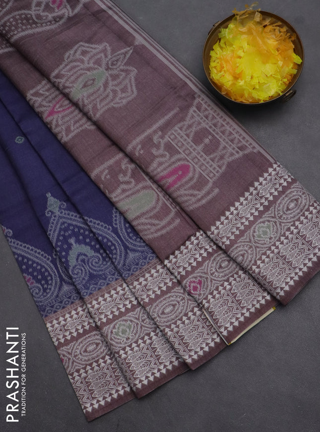 Semi sambalpuri silk saree dark blue and pastel brown with allover ikat buttas and thread woven border