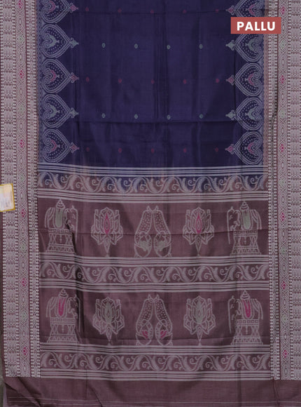 Semi sambalpuri silk saree dark blue and pastel brown with allover ikat buttas and thread woven border