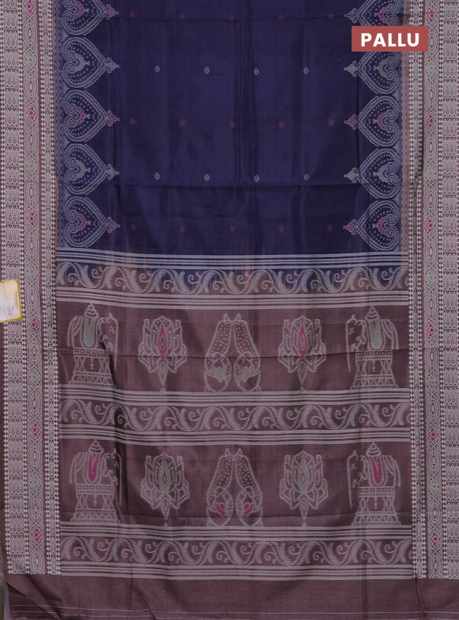 Semi sambalpuri silk saree dark blue and pastel brown with allover ikat buttas and thread woven border