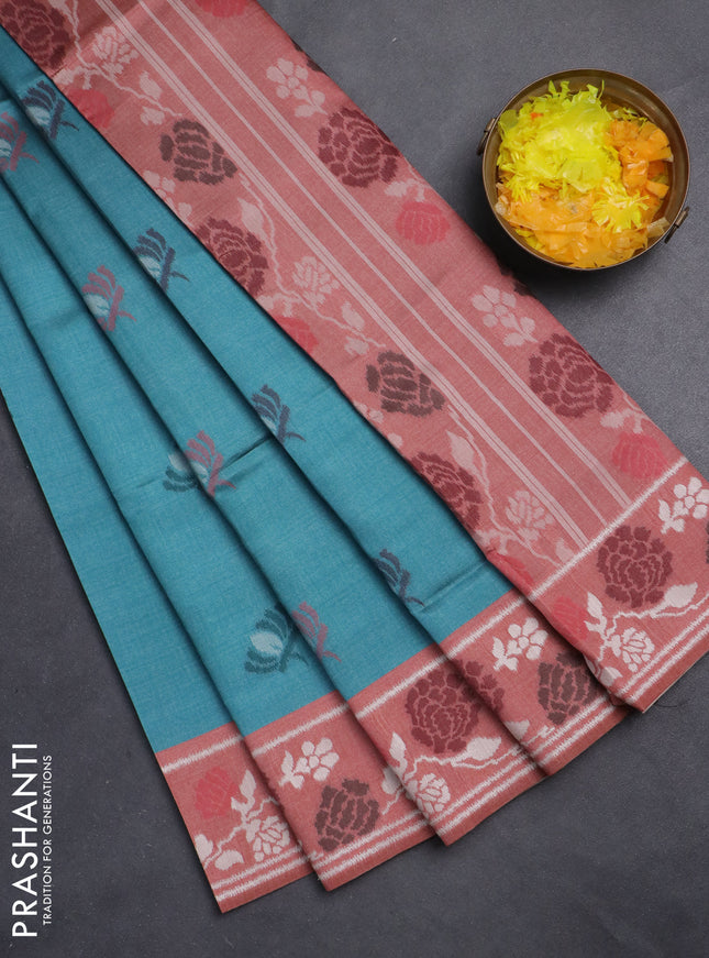 Semi sambalpuri silk saree peacock green and pastel maroon with floral ikat buttas and thread woven border