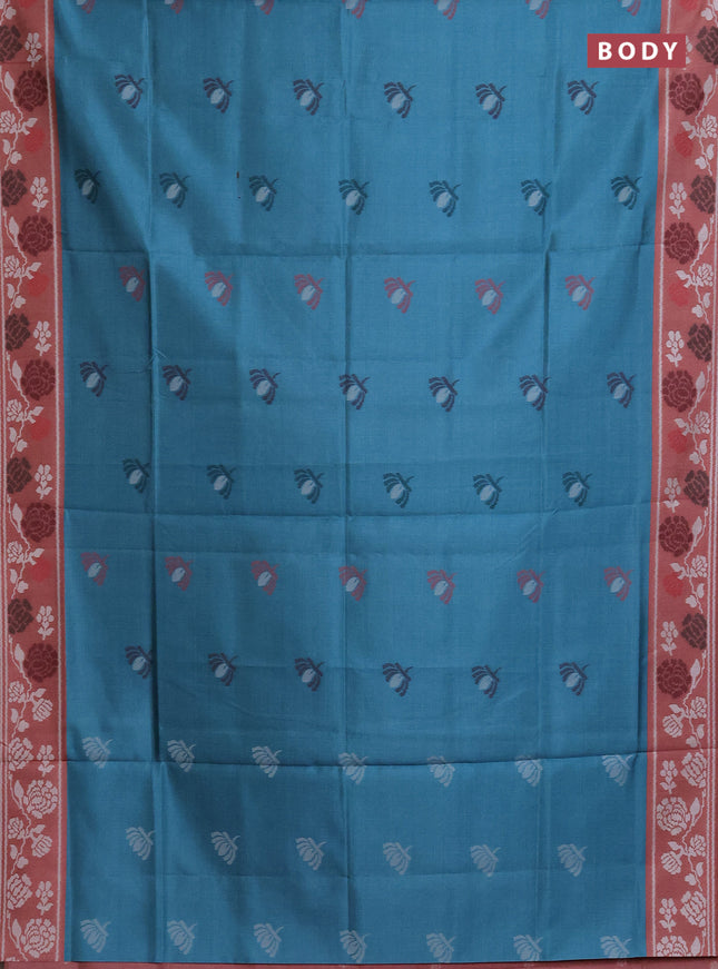 Semi sambalpuri silk saree peacock green and pastel maroon with floral ikat buttas and thread woven border