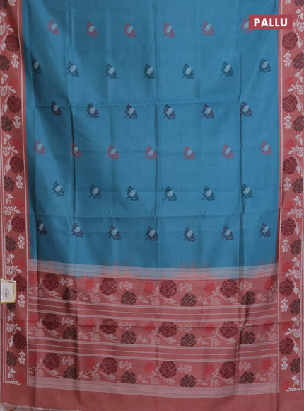 Semi sambalpuri silk saree peacock green and pastel maroon with floral ikat buttas and thread woven border