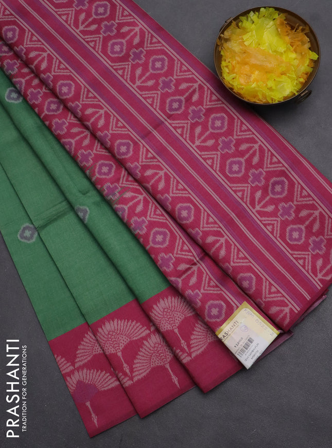 Semi sambalpuri silk saree green and pink with ikat buttas and thread woven border