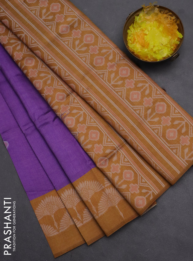 Semi sambalpuri silk saree purple and dark mustard with ikat buttas and thread woven border