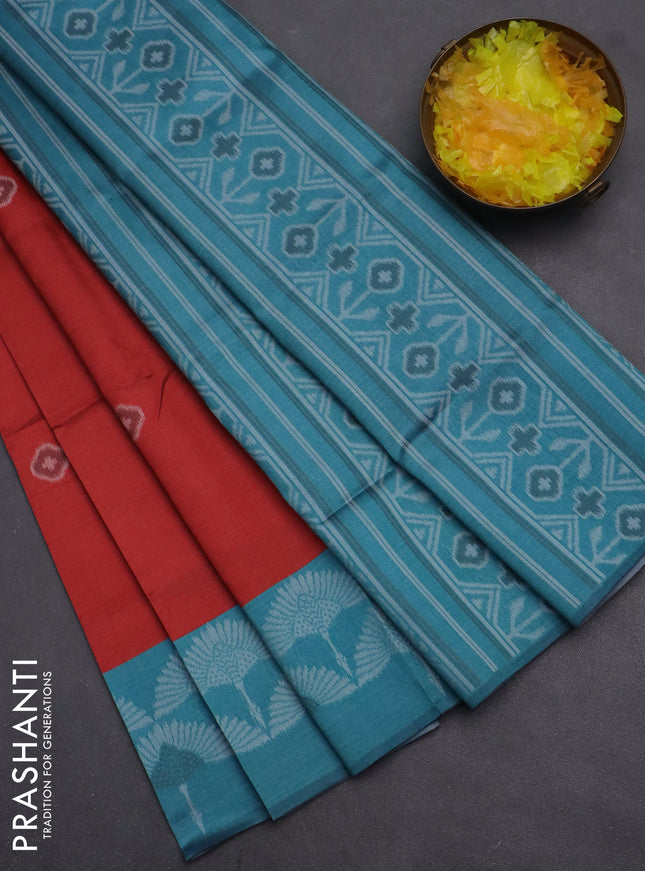 Semi sambalpuri silk saree maroon and teal blue with ikat buttas and thread woven border
