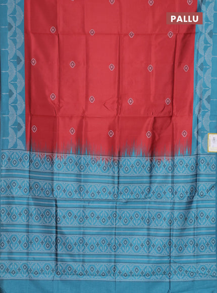 Semi sambalpuri silk saree maroon and teal blue with ikat buttas and thread woven border