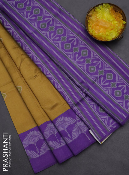 Semi sambalpuri silk saree dark mustard and violet with ikat buttas and thread woven border