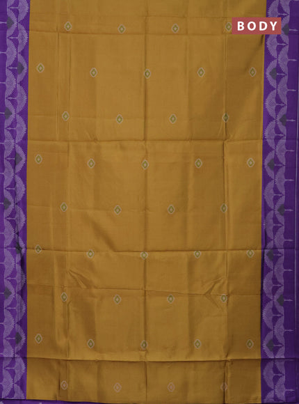 Semi sambalpuri silk saree dark mustard and violet with ikat buttas and thread woven border