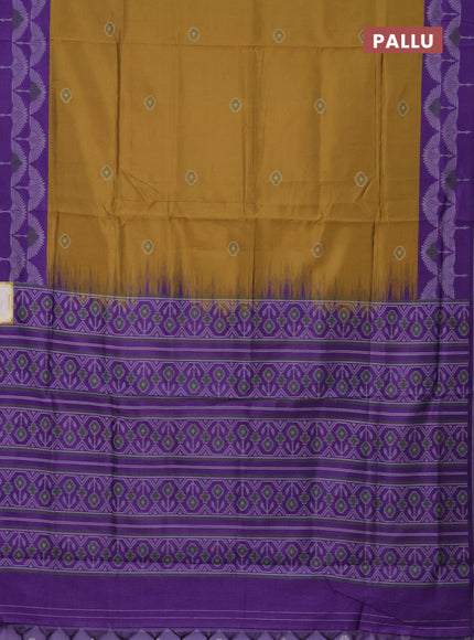 Semi sambalpuri silk saree dark mustard and violet with ikat buttas and thread woven border