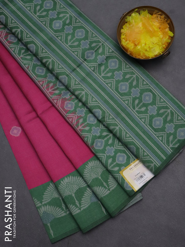 Semi sambalpuri silk saree pink and green with ikat buttas and thread woven border