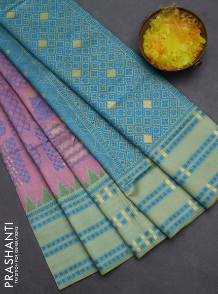 Semi sambalpuri silk saree pastel pink and pastel green with allover thread & zari weaves and thread woven border