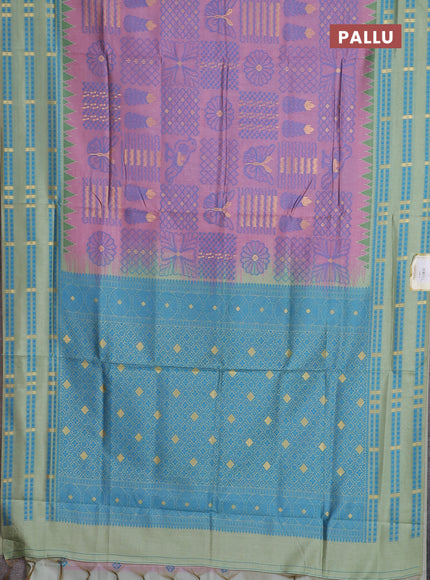Semi sambalpuri silk saree pastel pink and pastel green with allover thread & zari weaves and thread woven border