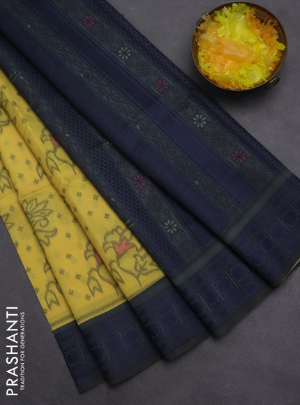 Semi sambalpuri silk saree yellow and grey navy blue with allover ikat butta weaves and thread woven border