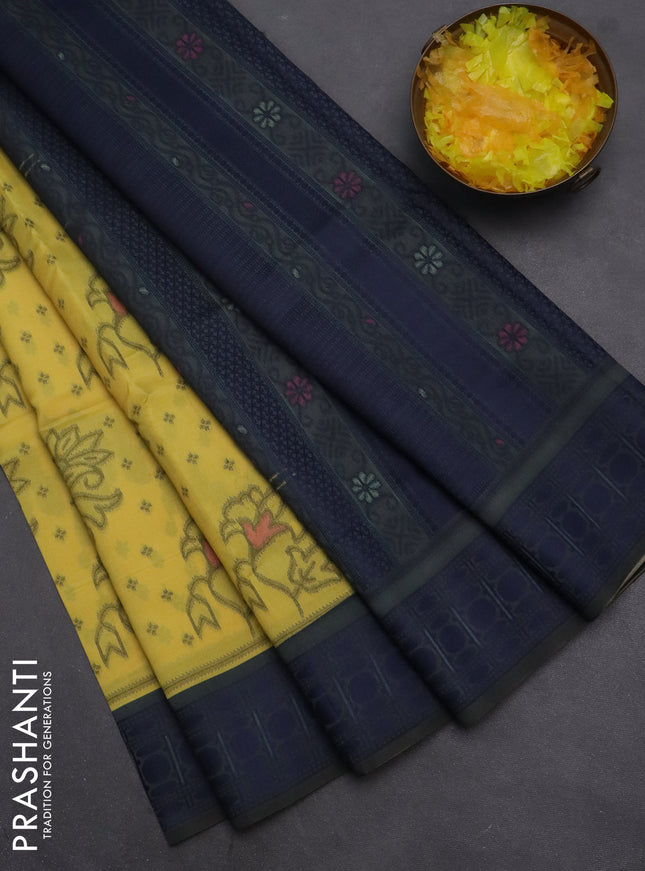 Semi sambalpuri silk saree yellow and grey navy blue with allover ikat butta weaves and thread woven border