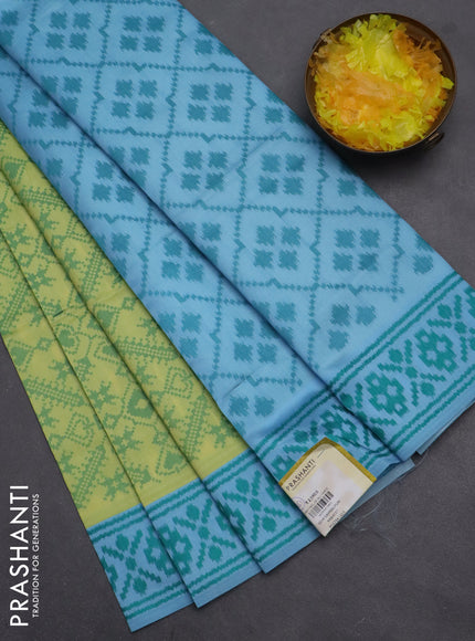Semi sambalpuri silk saree lime yellow and light blue with allover ikat weaves and thread woven border