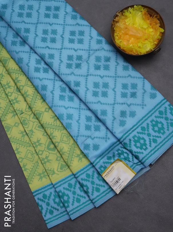 Semi sambalpuri silk saree lime yellow and light blue with allover ikat weaves and thread woven border