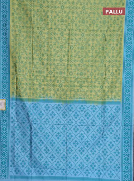 Semi sambalpuri silk saree lime yellow and light blue with allover ikat weaves and thread woven border