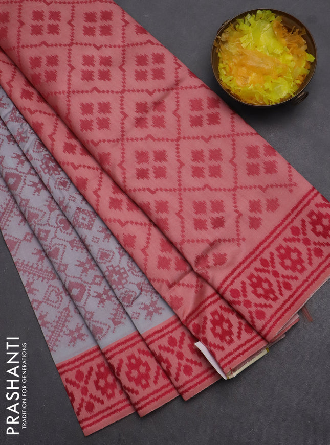 Semi sambalpuri silk saree grey and peach orange with allover ikat weaves and thread woven border