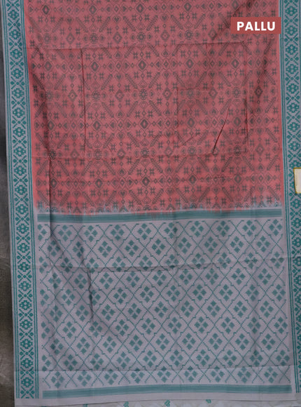 Semi sambalpuri silk saree peach shade and pastel grey teal with allover ikat weaves and thread woven border