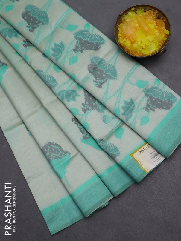 Semi sambalpuri silk saree pastel green and green with pichwai ikat buttas and simple border