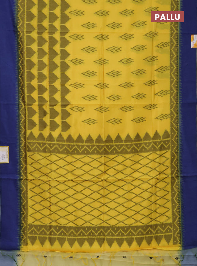 Semi sambalpuri silk saree yellow and blue with allover ikat buttas and simple border
