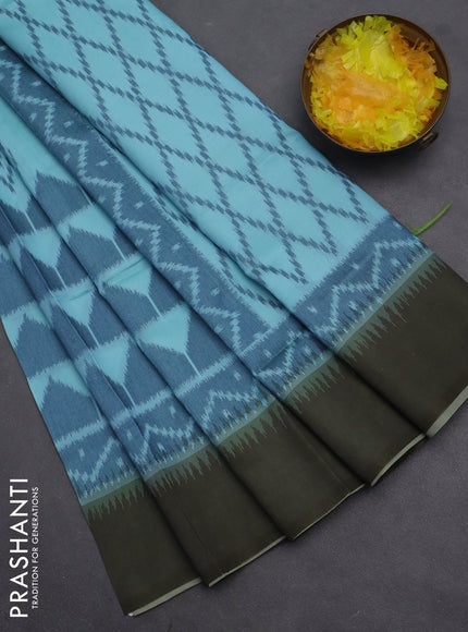 Semi sambalpuri silk saree teal blue and mehendi green with allover ikat buttas and simple border