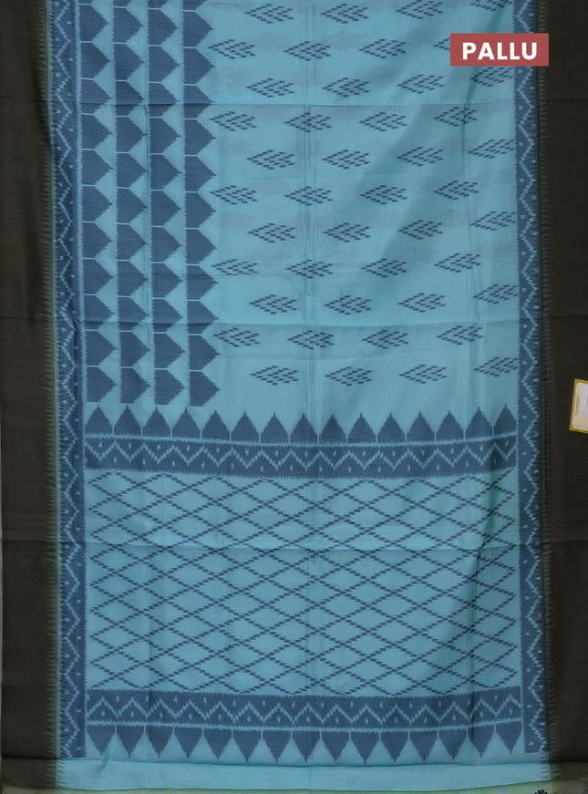 Semi sambalpuri silk saree teal blue and mehendi green with allover ikat buttas and simple border