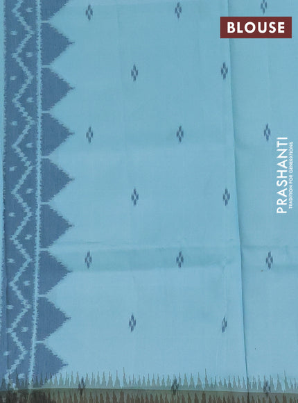 Semi sambalpuri silk saree teal blue and mehendi green with allover ikat buttas and simple border