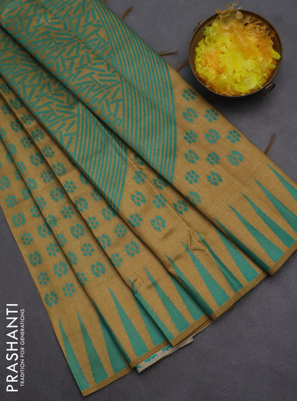 Semi sambalpuri silk saree dark mustard and teal green with allover ikat butta weaves and thread woven border