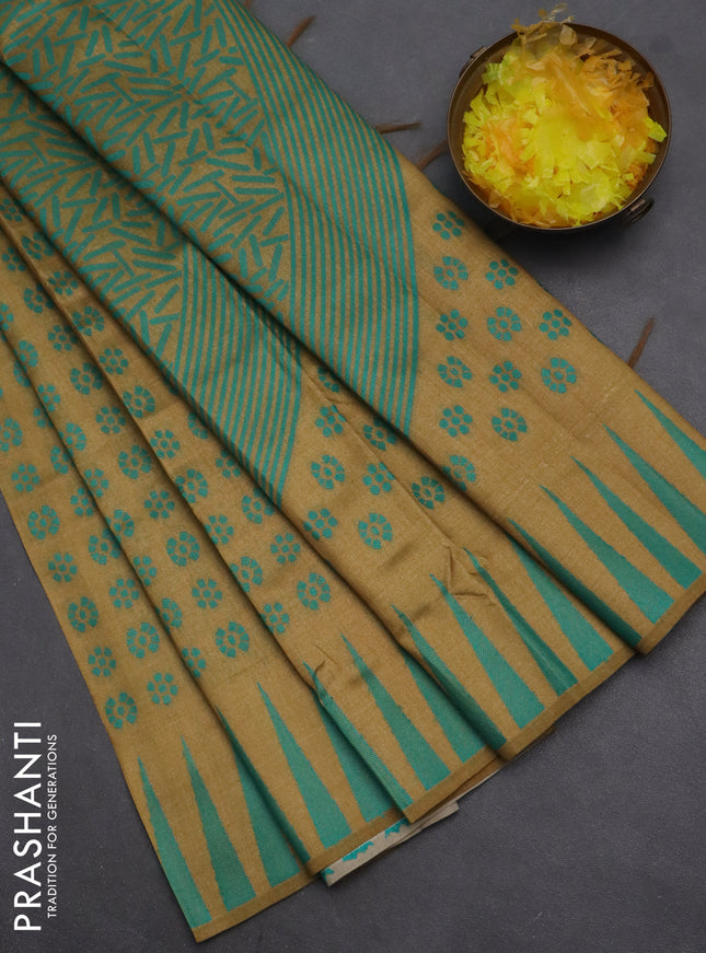 Semi sambalpuri silk saree dark mustard and teal green with allover ikat butta weaves and thread woven border