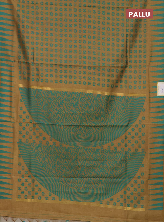 Semi sambalpuri silk saree dark mustard and teal green with allover ikat butta weaves and thread woven border