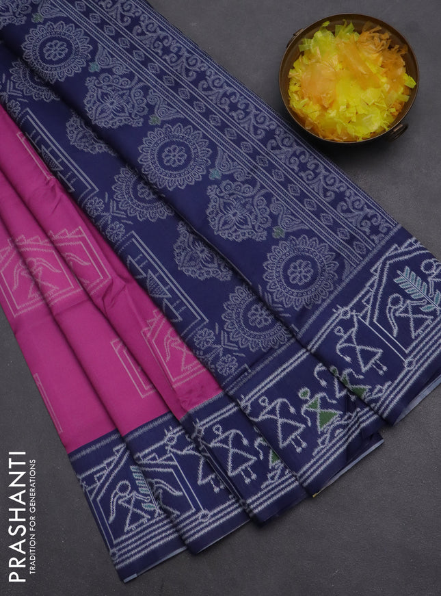 Semi sambalpuri silk saree pink and navy blue with warli ikat buttas and thread woven border