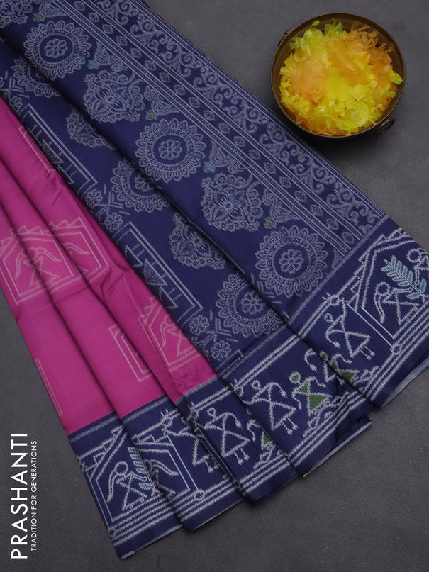 Semi sambalpuri silk saree pink and navy blue with warli ikat buttas and thread woven border