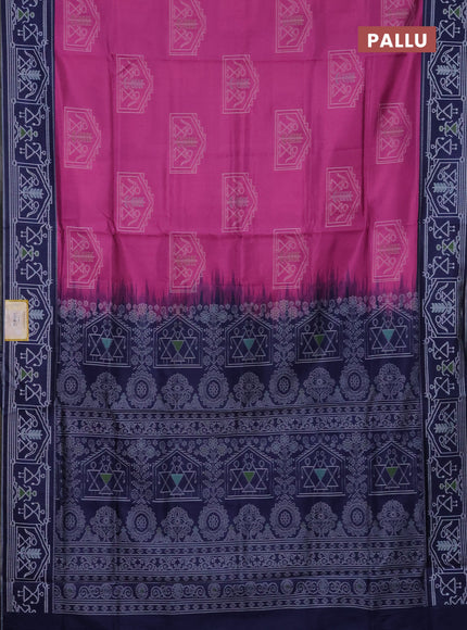 Semi sambalpuri silk saree pink and navy blue with warli ikat buttas and thread woven border