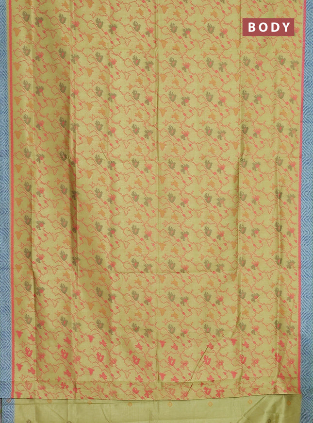 Semi sambalpuri silk saree lime yellow and pastel blue with allover ikat weaves and simple border