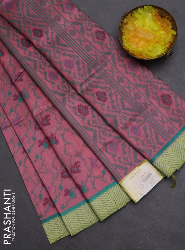 Semi sambalpuri silk saree peach pink and lime green with allover ikat weaves and simple border