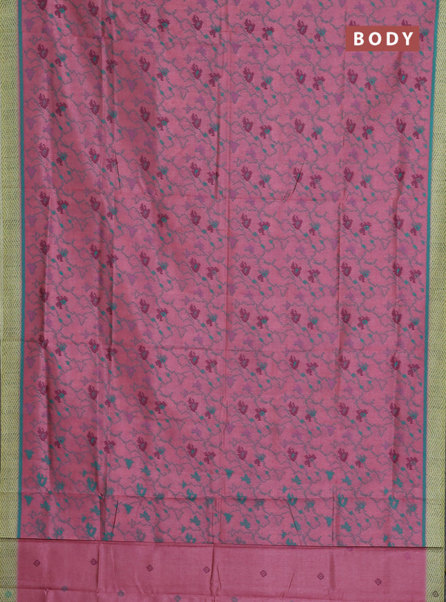 Semi sambalpuri silk saree peach pink and lime green with allover ikat weaves and simple border