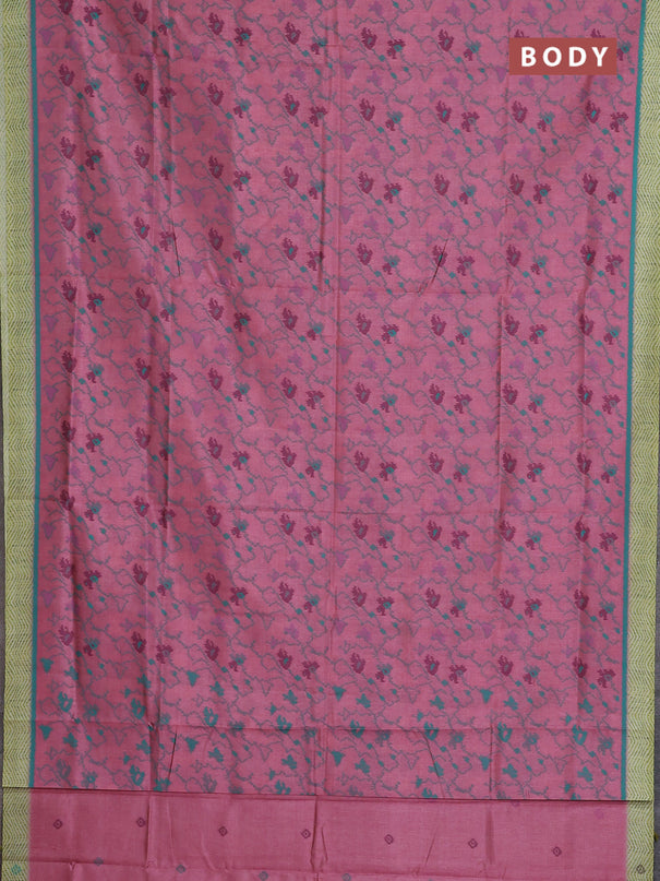 Semi sambalpuri silk saree peach pink and lime green with allover ikat weaves and simple border