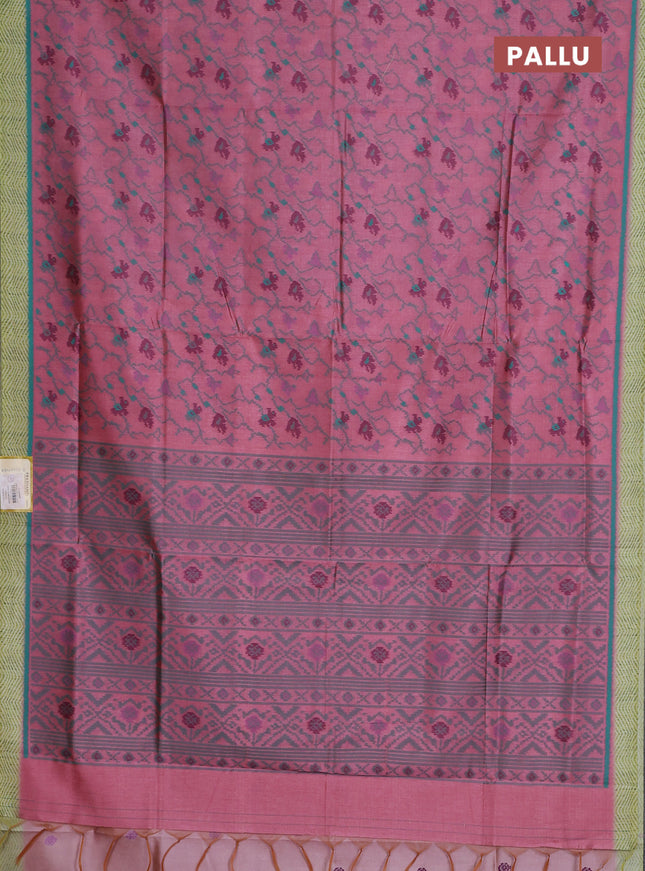 Semi sambalpuri silk saree peach pink and lime green with allover ikat weaves and simple border