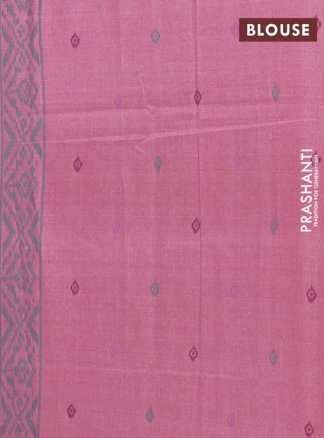 Semi sambalpuri silk saree peach pink and lime green with allover ikat weaves and simple border