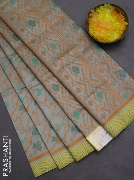 Semi sambalpuri silk saree pastel grey and dark mustard with allover ikat weaves and simple border