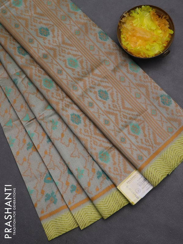 Semi sambalpuri silk saree pastel grey and dark mustard with allover ikat weaves and simple border