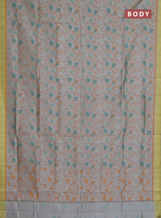 Semi sambalpuri silk saree pastel grey and dark mustard with allover ikat weaves and simple border