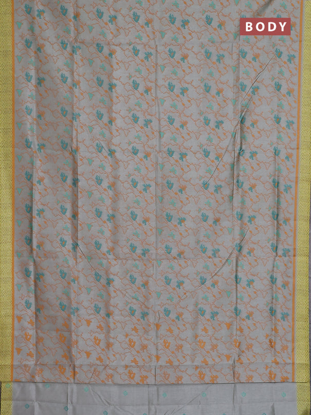 Semi sambalpuri silk saree pastel grey and dark mustard with allover ikat weaves and simple border