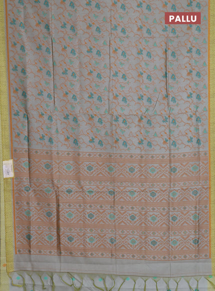 Semi sambalpuri silk saree pastel grey and dark mustard with allover ikat weaves and simple border